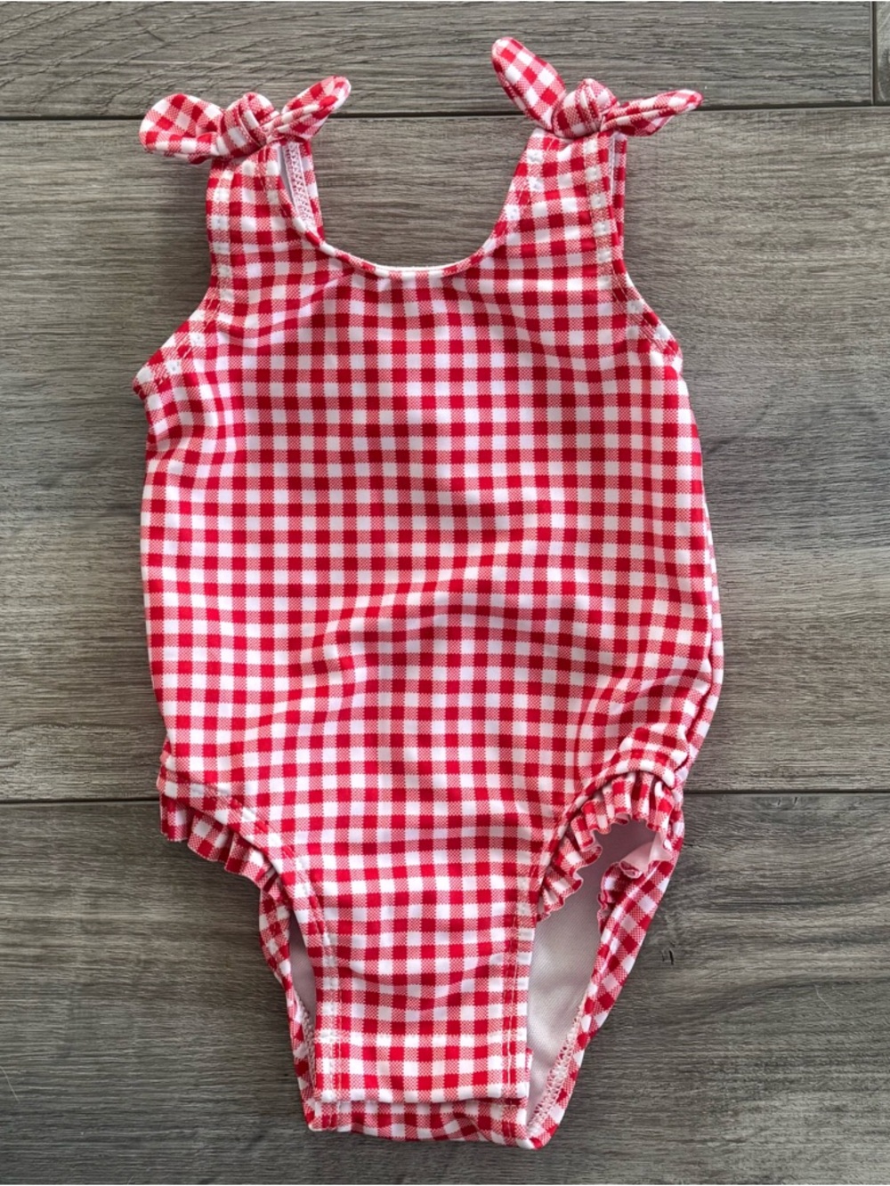 Infant Red and White Gingham Faux Tie-Shoulder One-Piece Swimsuit
